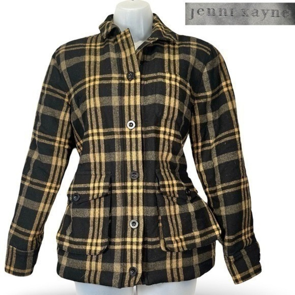 Jenni Kayne Farmhouse Plaid Jacket Women XS Black Yellow Wool Blend Quilted Coat
